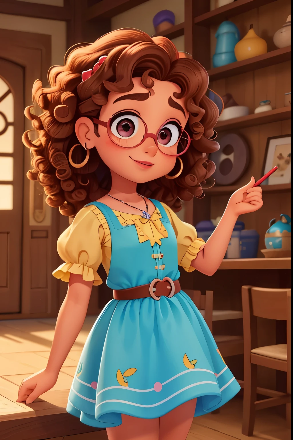 (Uma pequena mulher Pixar Disney peito:1.3),(master part, best quality:1.4), (Beautiful, aesthetic, perfeito, delicado, intrincado:1.2),((best quality)), ((master part)), (circunstanciado),(A high resolution:1.2), sala de aula, An female, Claudia Chever sorridente, camisa vermelha, saia branca, glasses, dobrar, angle of view,, curly hair, hazel eyes, big eyes, Disney princess, brown curly hair, juicy lips, shiny skin, red lipstick, blush