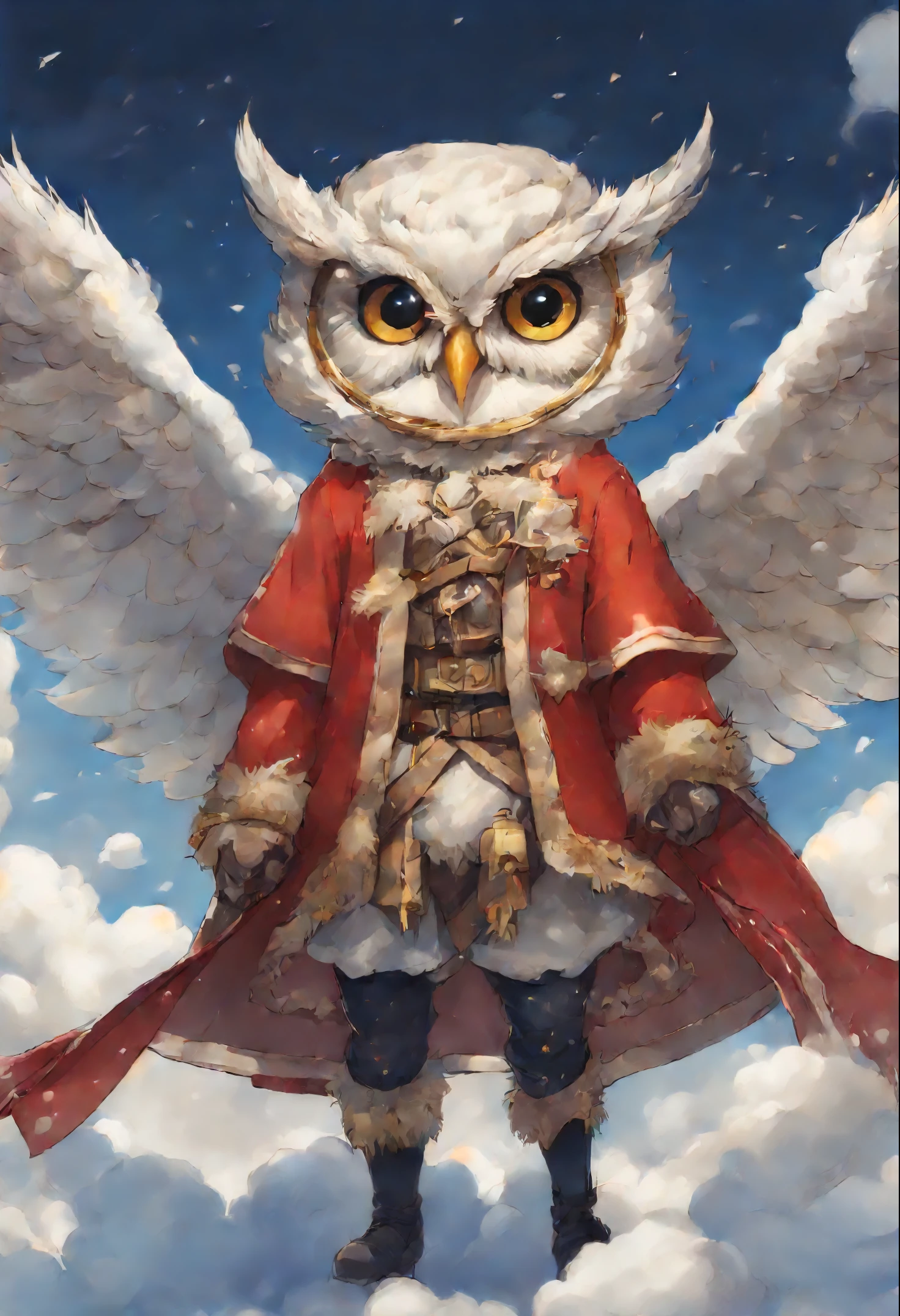 close-up of an owl, Santa Claus walks on the clouds, fluffy clouds, shaggy clouds, casimir art, shigenori soejima illustration, boris valejo. Owl Girl, detailed anime character art, detailed key anime art, Granblue Fantasy, Beautiful owl in demon slayer art, Taisho Roman, crisp clear rpg portrait, Masamune Shiro, key anime art