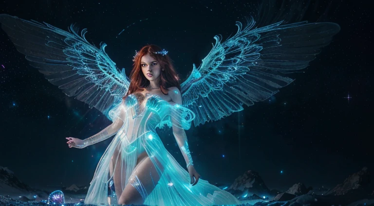 (a cosmic fallen angel:1.1, eerie:0.9, creepy:0.9, nightmarish, very bright colors, light particles, with light glowing, Mshiv, wallpaper art:1.1, UHD wallpaper, bioluminescent, surrealistic, dark background, detailed wings, glowing mystical symbols, ethereal glow, hauntingly beautiful, heavenly aura, delicate body, fiery red hair, delicate ethereal dress, floating in midair, surrounded by stars and galaxies, otherworldly landscape, cosmic energy radiating from the angel, mysterious and captivating, glowing eyes illuminating the darkness, intricate biomechanical details, celestial being, supernatural presence, captivating facial features, celestial light casting shadows)