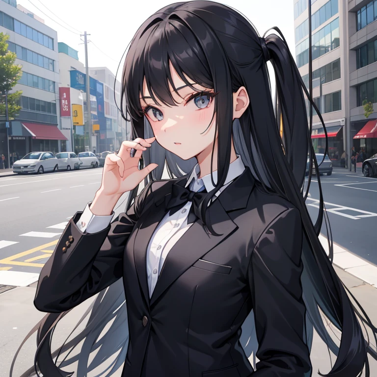 1girl, long black hair, grey eyes, wearing business suit, looking at viewer, 5 fingers, black tie