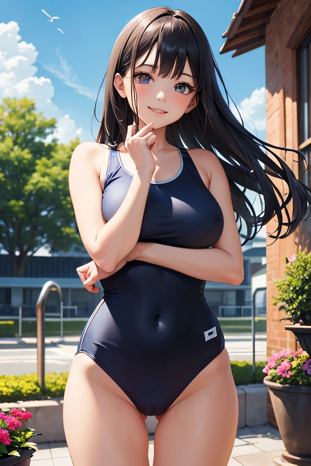 very cute and beautiful girl,(highly detailed beautiful face and eyes:1.2),blue school swimsuit,
standing,stylish pose,looking at viewer,pool side,flowers in planters,smile,black hair,dynamic angle,
(best quality,masterpiece:1.2),highres,extremely detailed,solo,
hair fluttering in the wind,beautiful detailed sky,perfect hands,