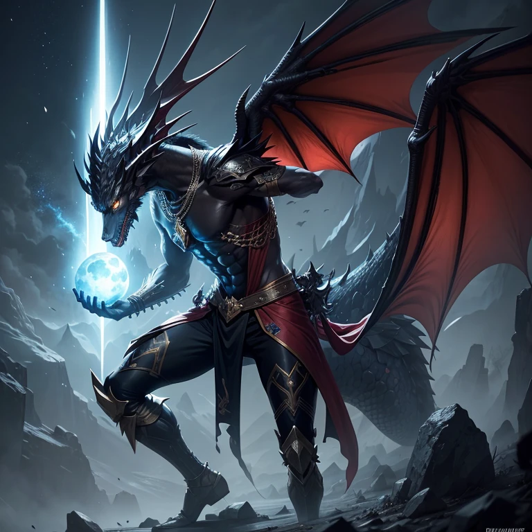 Male main character, approximately 25 years old. He is tall, thin and has black, spiky hair. He wears a formal suit and has dragon wings on his back. His personality is that of someone who is quiet, reserved and insecure, but generous. He has draconic and nocturnal powers, and can transform into a powerful dragon when he loses control. He has a chain around his neck whose pendant is a moonstone and a sword called Excalibur with draconic details in its design. The setting is a planet whose fauna and flora are abundant and has floating natural platforms.