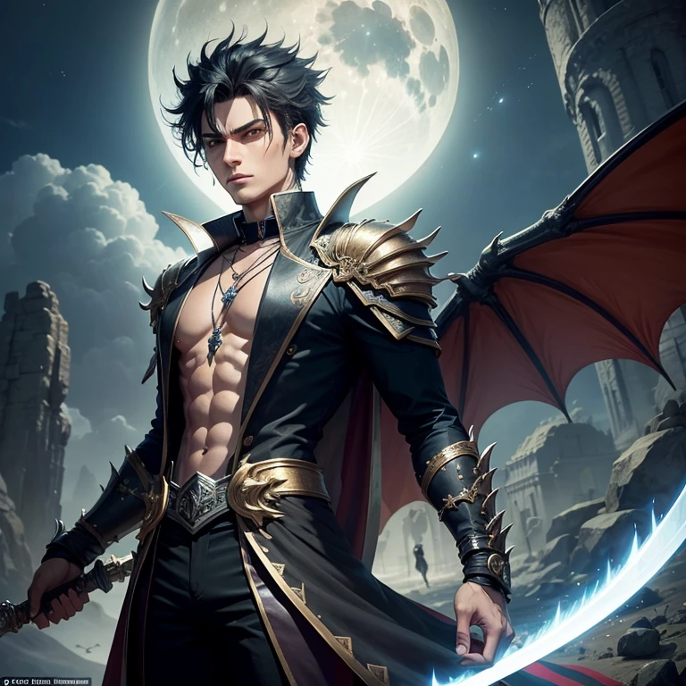 Vampire, man, seductive, sexy, manly, muscular, attractive, fangs, bright eyes, full moon, immortal, body hair, intricate details, curly hair very short, 8k, cinematic, aggressive posture, bat in the background