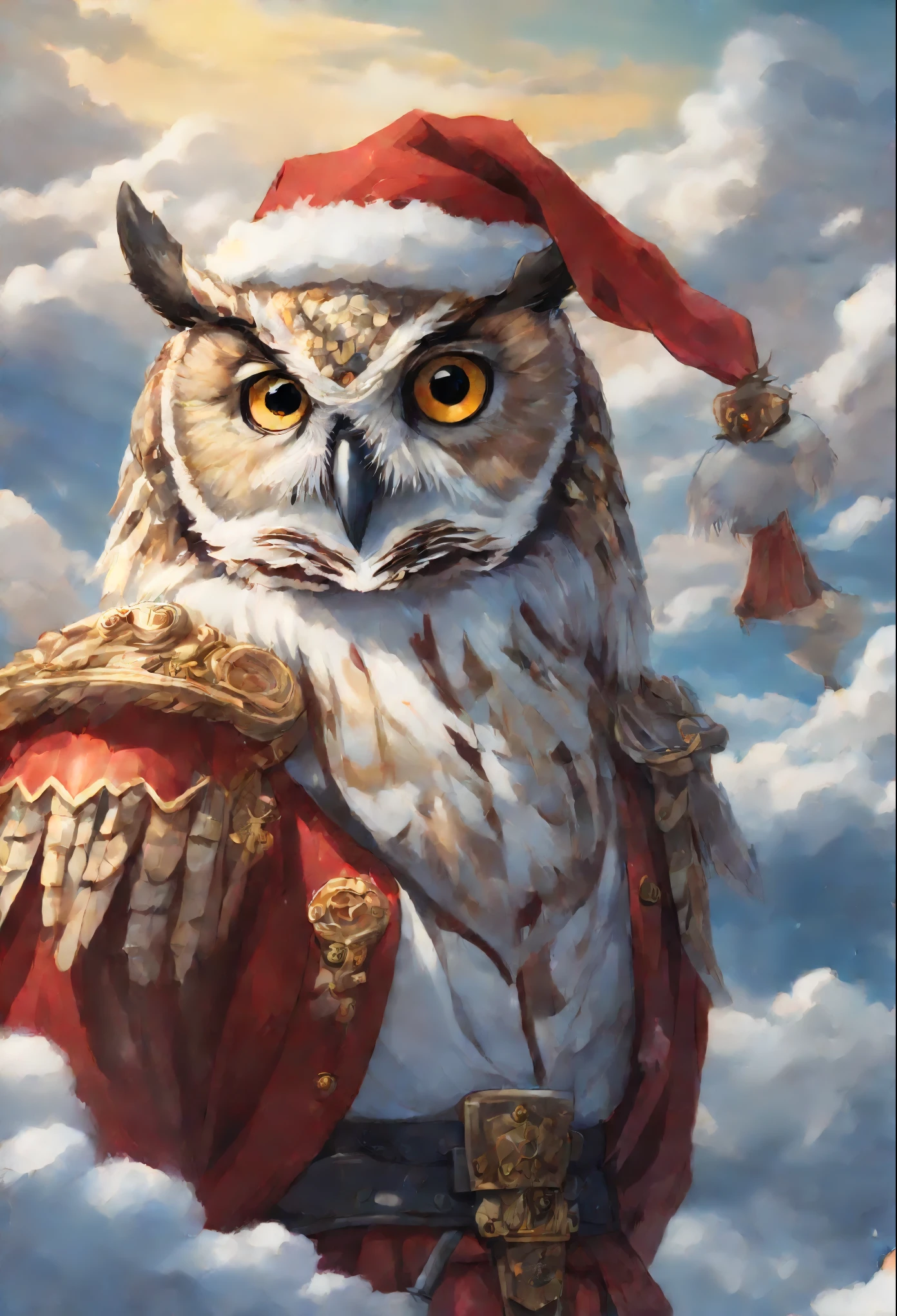 close-up of an owl, Santa Claus walks on the clouds, fluffy clouds, shaggy clouds, casimir art, shigenori soejima illustration, boris valejo. Owl Girl, detailed anime character art, detailed key anime art, Granblue Fantasy, Beautiful owl in demon slayer art, Taisho Roman, crisp clear rpg portrait, Masamune Shiro, key anime art