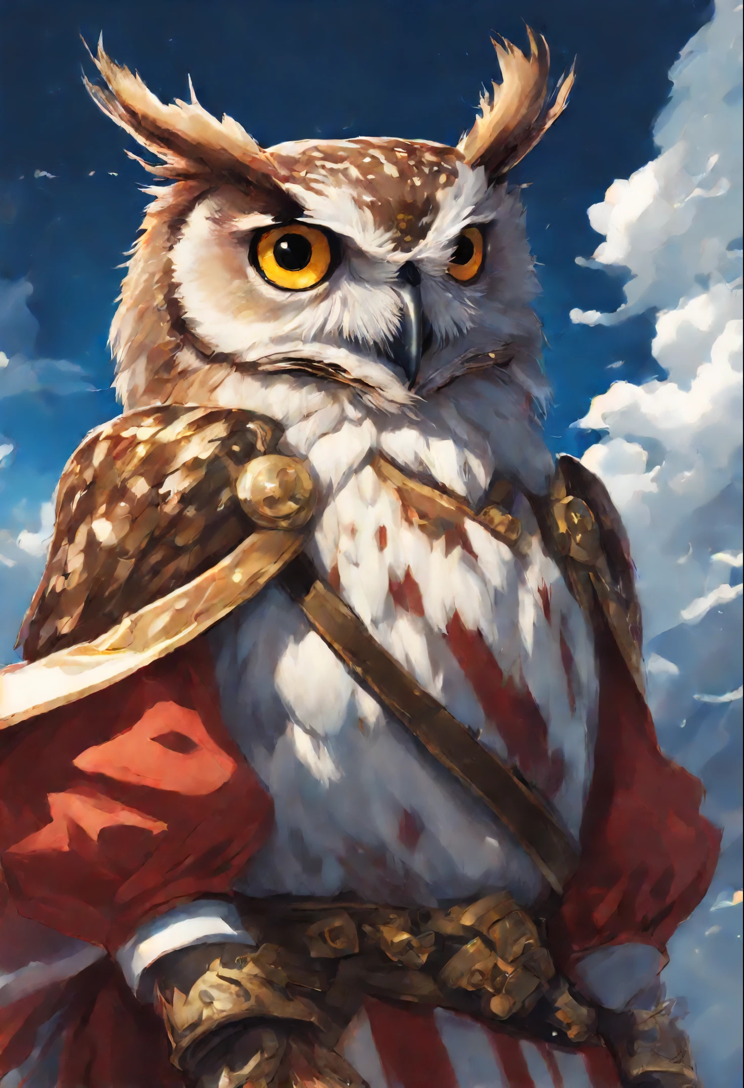 close-up of an owl, Santa Claus walks on the clouds, fluffy clouds, shaggy clouds, casimir art, shigenori soejima illustration, boris valejo. Owl Girl, detailed anime character art, detailed key anime art, Granblue Fantasy, Beautiful owl in demon slayer art, Taisho Roman, crisp clear rpg portrait, Masamune Shiro, key anime art