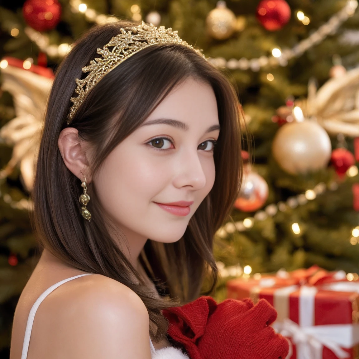 ((beste-Qualit, 10, A masterpiece :1.3)), 1girls, Beautiful woman who concentrates on a slim stomach: 1.3, (Hairstyle Casual, Small breasts: 1.2), Wear a red and green Santa suit.,Wear Santa's hat.,Standing behind the Christmas tree: 1.2, interior, Ultra-detailed face, delicate eyes, 二重まぶた, Soft breasts, smile;Organize a Merry Christmas event