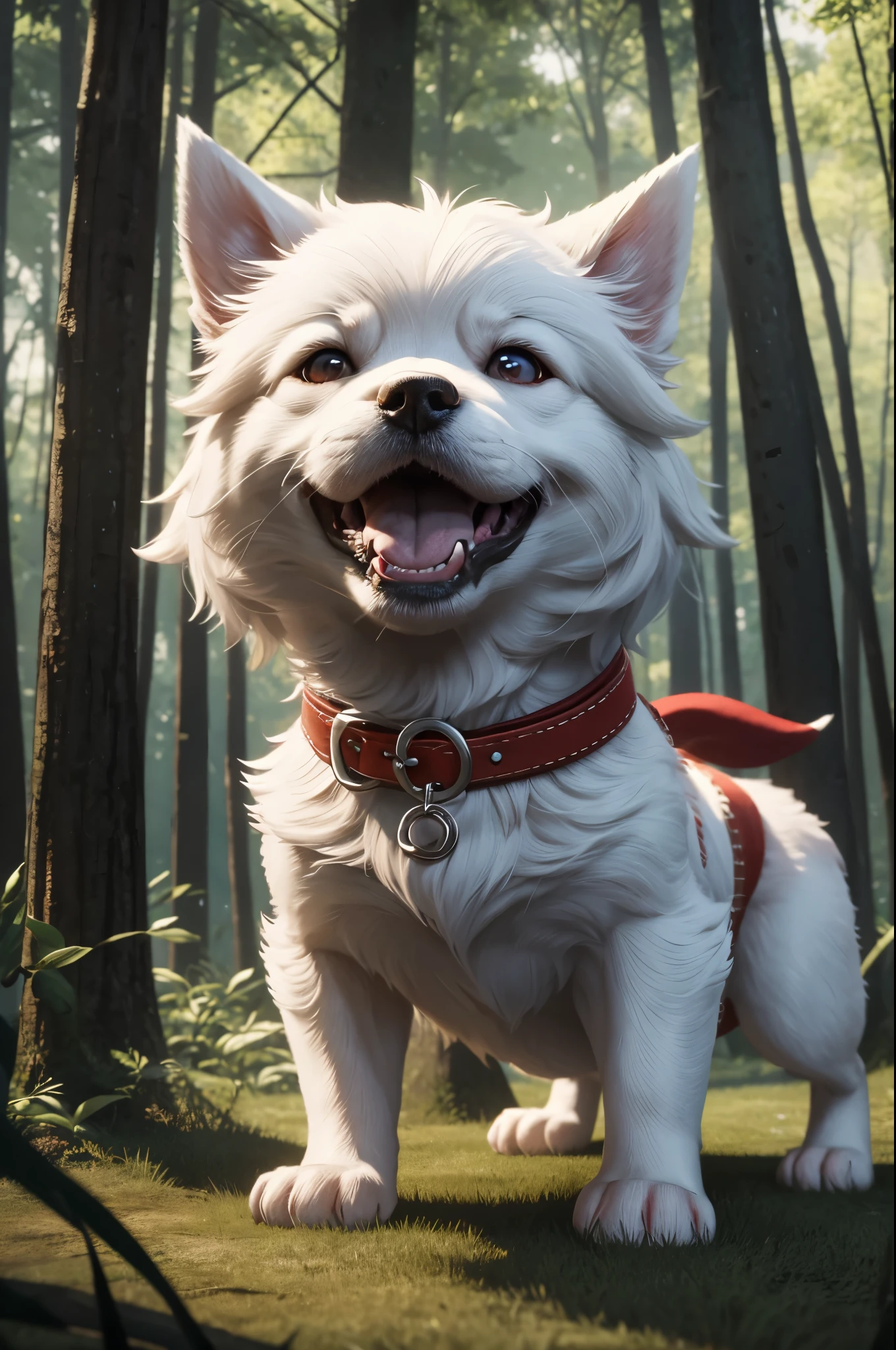8K,I have a small white Inugami puppy with a red collar., cute 3d render, anthropomorphic inugami dog, rendered in redshift, semi - realistic render, maxwell render, super detailed render, highly detailed render, Rendering a naughty dog god puppy, hyper realistic detailed rendering, fully detailed render, Adorable Digital Painting, hyper real render, hyper realistic rendering,in woods,combat scene,action scene,actionpose,growl,Fangs Out,angry expressions,get angry,white hair standing on end,