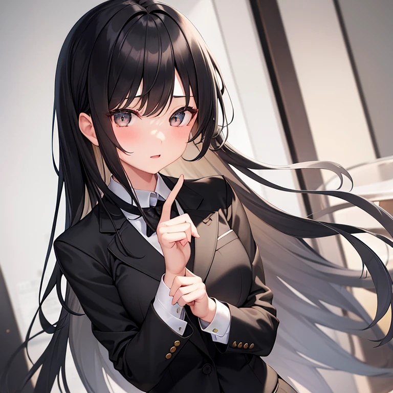1girl, long black hair, grey eyes, wearing business suit, looking at viewer, 5 fingers, black tie