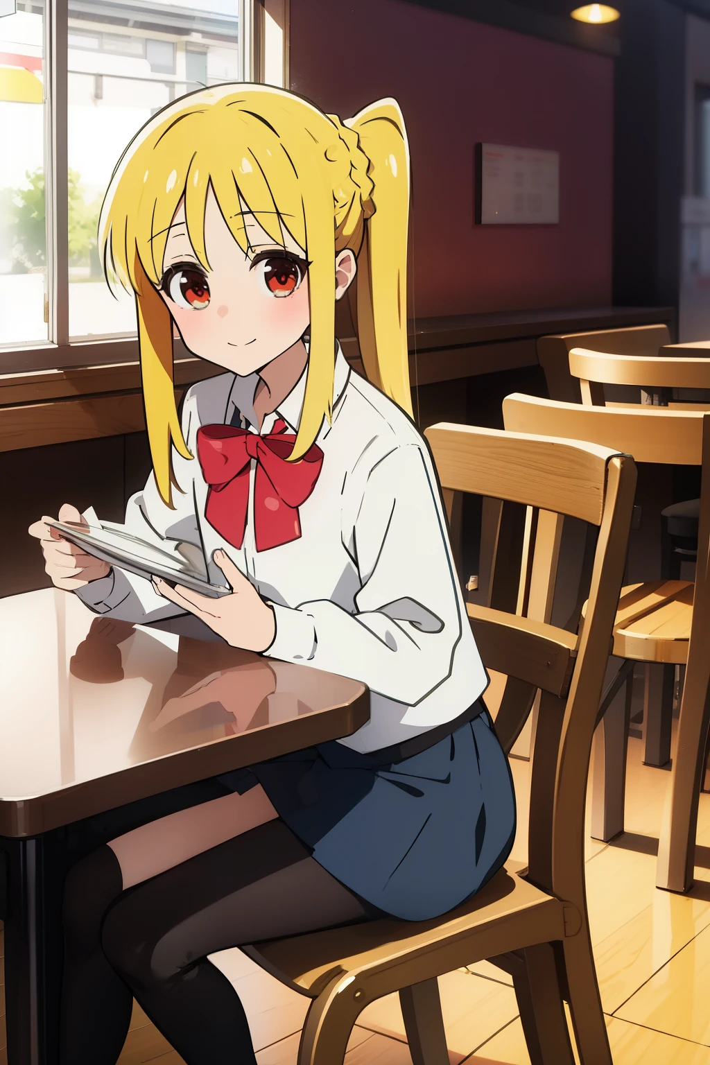 Nijika ijichi sitting in restaurant smiling, happy