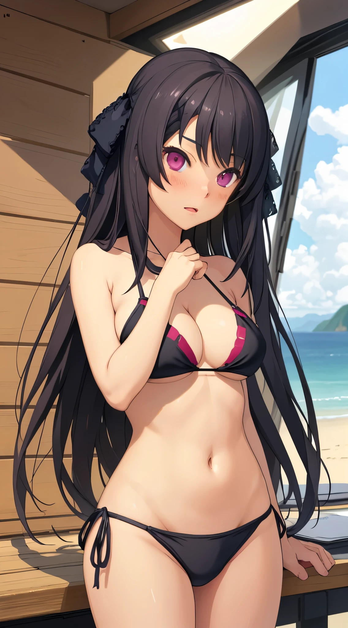 misakiao, 1girl, masterpiece, highly detailed, absurdres, illustration, game cg, solo, hair ribbon, looking at viewer, blush, bikini, beach