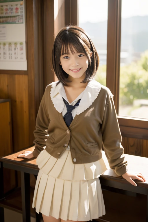 (masterpiece, highest quality, Very detailed, figure, colorful, Fall colors, Depth of written boundary, Lens flare),
One girl,Sitting,Brown Hair,shoot bob hair,View your viewers,School, classroom, Pleated mini skirt,(serafuku),Black Pantyhose,(Detailed skin texture, Detailed cloth texture, Beautifully detailed face),smile,