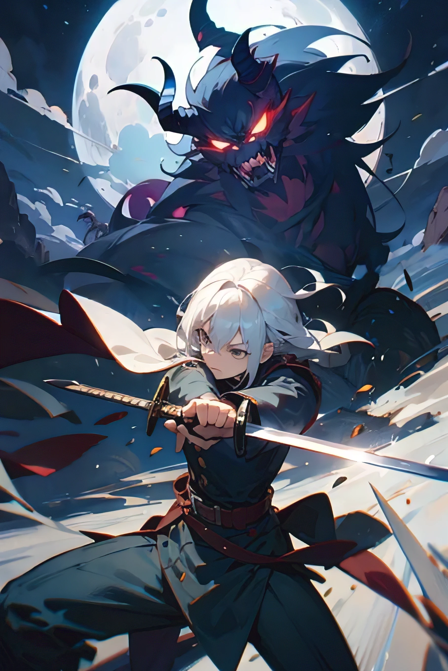 combathibited,White hair,Hold the sword,attacking,irate,