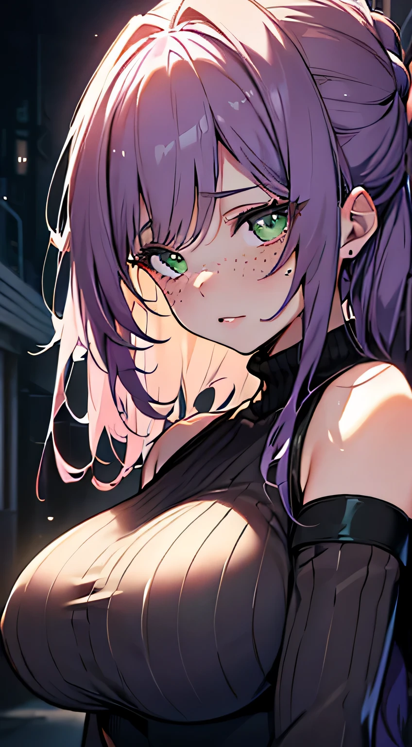 (masterpiece, highres, high resolution:1.2), anime 20 yo sad girl, portrait, shoulders up, illustration. drawn, violet hair woman, green eyes, blushing, solo, sad, sad face, freckles, big lips, huge breasts, perfect body, wearing a turtleneck sweater, anime girl, no hands.