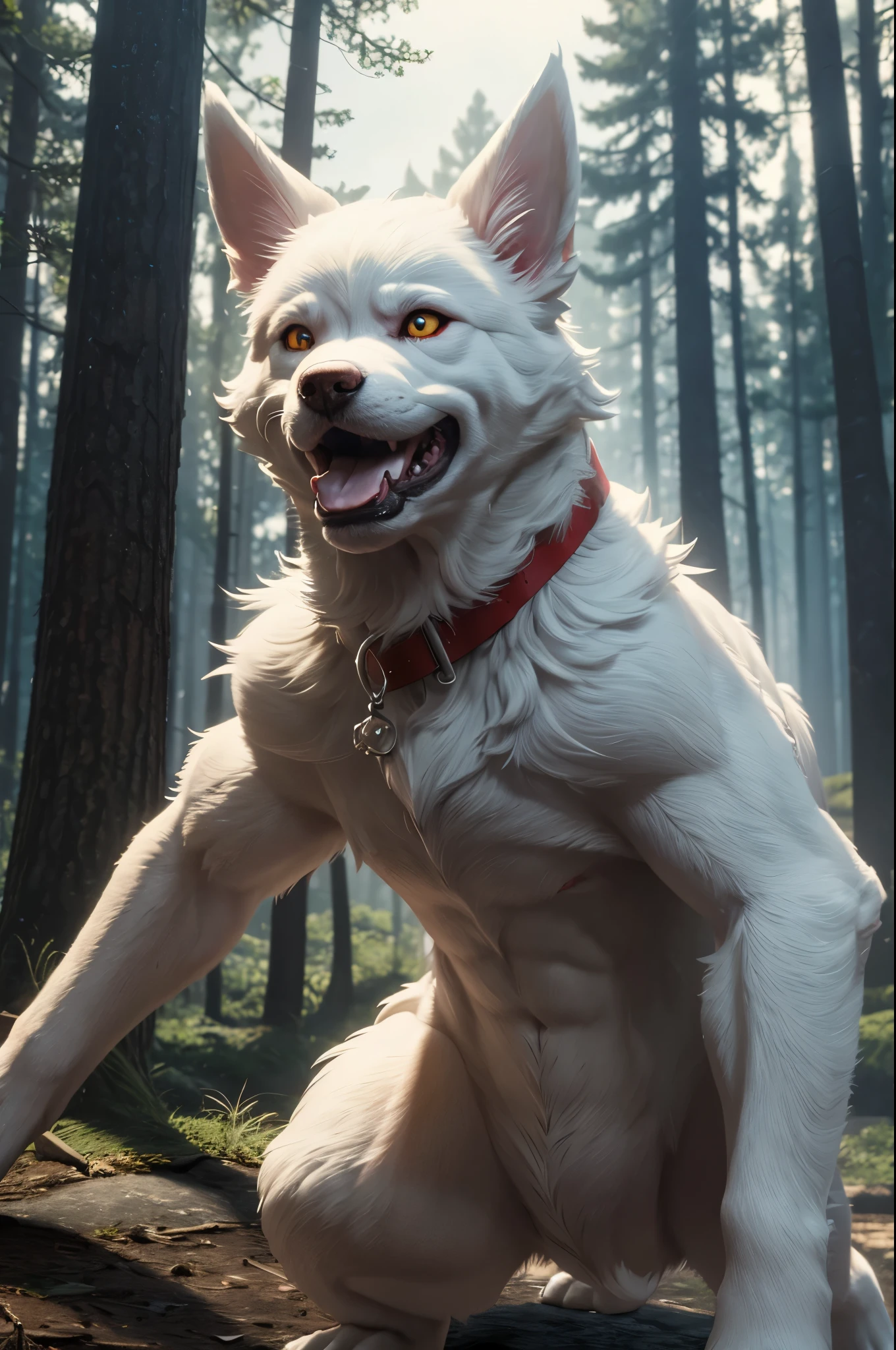 8K,I have a small white Inugami puppy with a red collar., cute 3d render, anthropomorphic inugami dog, rendered in redshift, semi - realistic render, maxwell render, super detailed render, highly detailed render, Rendering a naughty dog god puppy, hyper realistic detailed rendering, fully detailed render, Adorable Digital Painting, hyper real render, hyper realistic rendering,in woods,combat scene,action scene,actionpose,growl,Fangs Out,angry expressions,get angry,white hair standing on end,Golden eyes,