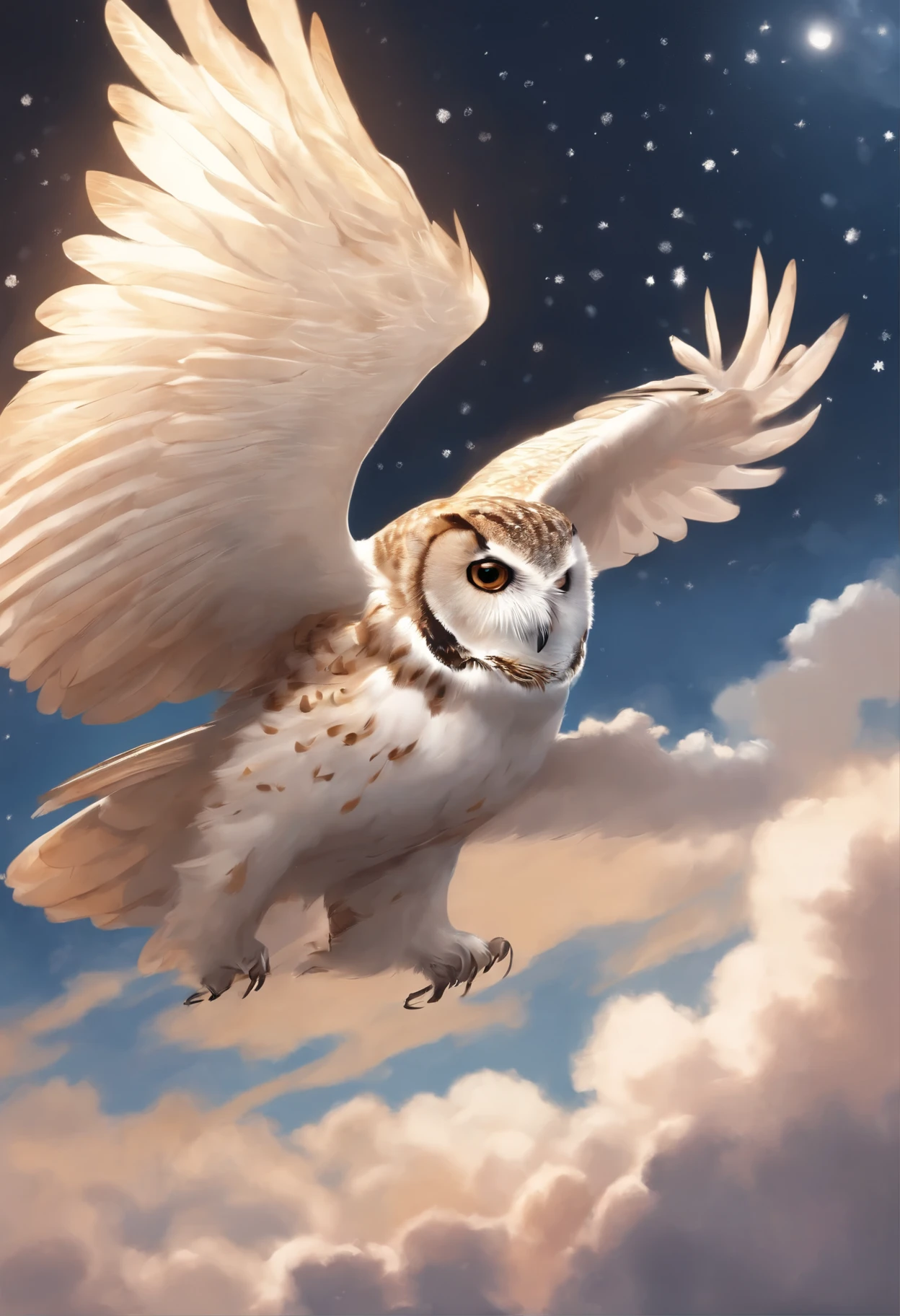close-up of an owl, Santa Claus walks on the clouds, fluffy clouds, shaggy clouds, casimir art, shigenori soejima illustration, boris valejo. Owl Girl, detailed anime character art, detailed key anime art, Granblue Fantasy, Beautiful owl in demon slayer art, Taisho Roman, crisp clear rpg portrait, Masamune Shiro, key anime art