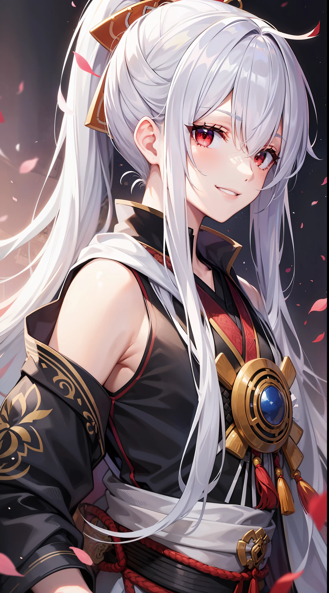 Young guy, long white hair, high ponytail, red eyes, blue sleeveless samurai kimono, smile, masterpiece, high quality