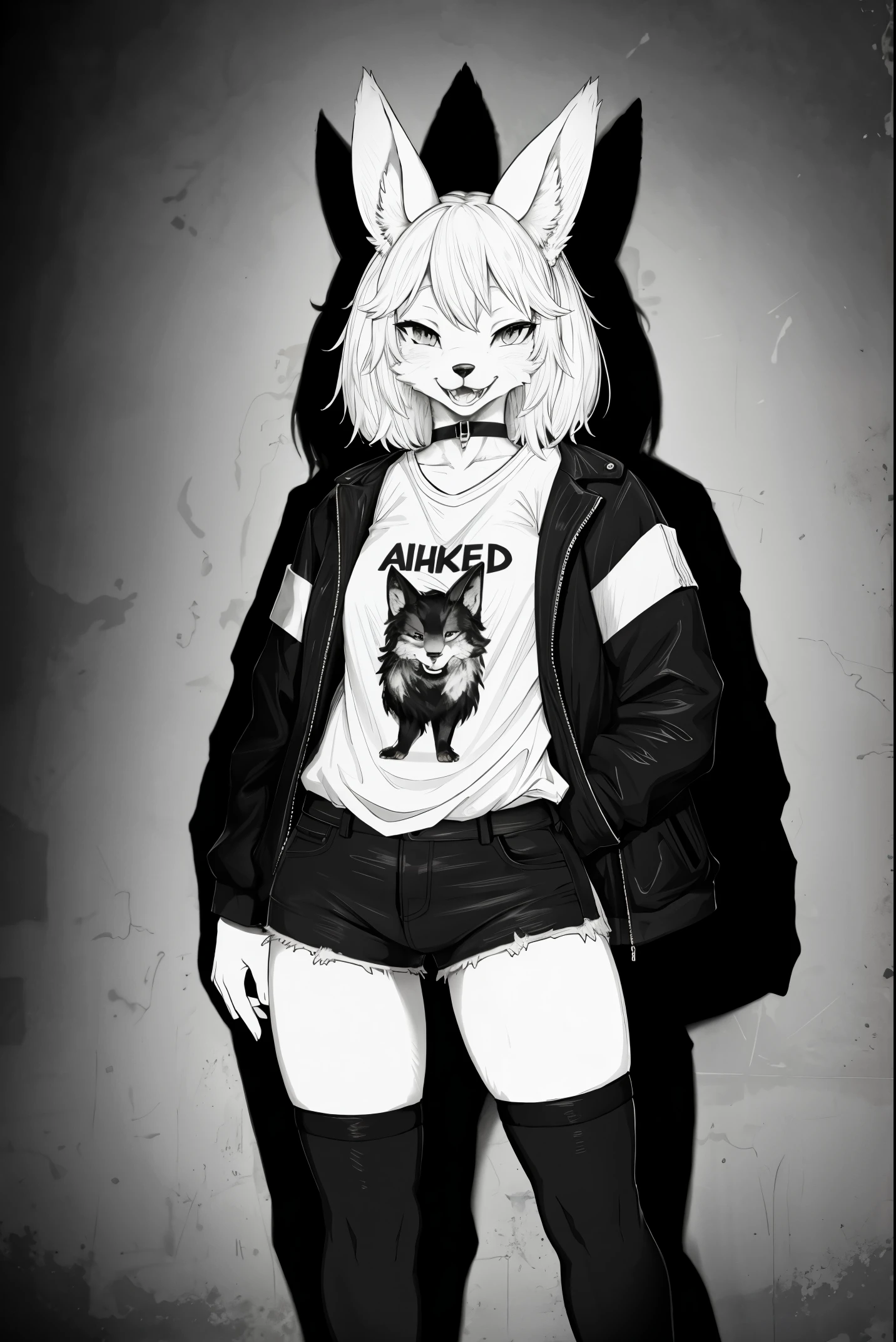 cover page, highres, top quality, best quality, paid reward available, unparalleled masterpiece, perfect artwork, absurdres, High-quality illustrations, laughing, perfect anatomy, lineart, monochrome, 1girl, kemono, furry, anthro, choker, shirt, torn legwear, open jacket, against wall, brick wall, graffiti, dim lighting, alley, dynamic angle,