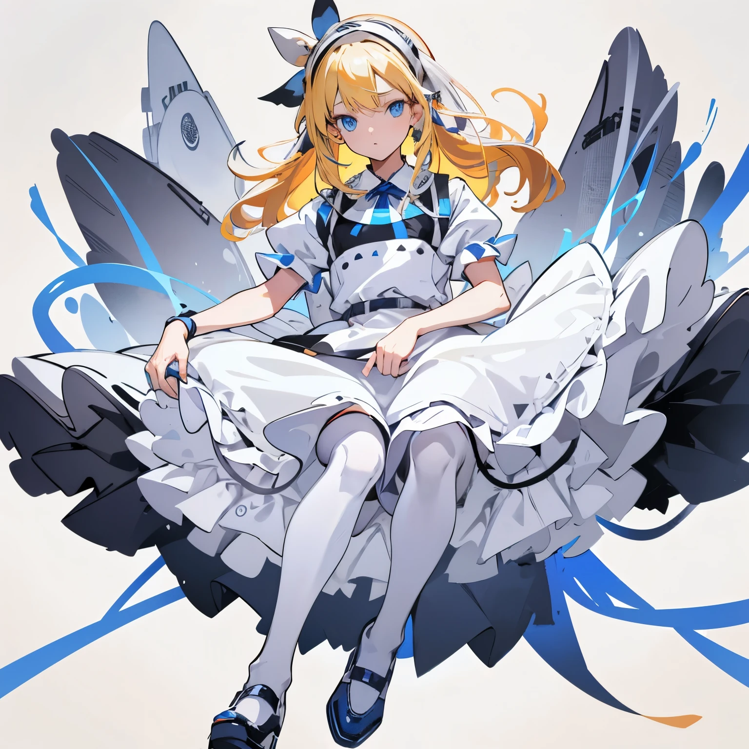 【Highest Quality, masutepiece】  [1 girl in, expressioness, (blonde hair:1.5), long hair, dress, (blue eyes:1.3), white legwear, apron, hairband ribbon, blue dress, shoes, short sleeves, saucer, black footwear, Upper body] (Gray white background:1.7), Surprised,