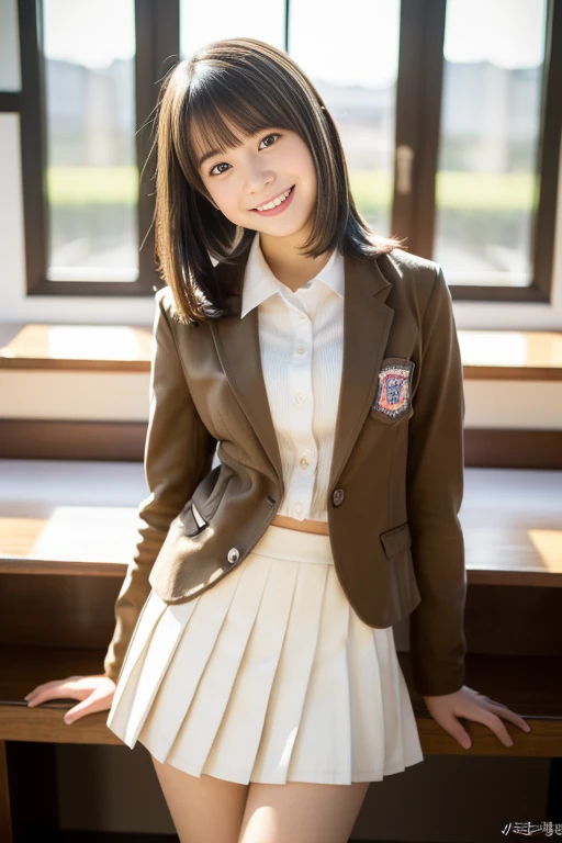 (((masterpiece))), (One beautiful Japan girl, classmates, landscape and innocence,kawaii) ,超A high resolution, Realistic, ultra-detailliert, 8K,top-quality, Extremely detailed, Detailed background,A slender,very beautiful japanese girl, Detailed face:1.3), (Boyish short-haired,A dark-haired :1.4), (a ,kawaii系,adorable 14 year oPerfect body:1.1), (Brown blazer, Light brown pleated mini skirt), Provocative smile,Show your beautiful teeth,rosy cheeks,Super Detailed Face、Detailed lips、A detailed eye、small gravure idol,Transparent skin、Lori,Japanese high school uniform with the school emblem on the chest, ,((Please show me your white frilly pants)),amazing, finely detail,(In the classroom), ((Full body shot)), Perfect Anatomy, Photorealsitic,Photography, Perfect Skin, Warm air,(beautiful thigh,Perfect feet with no discomfort),Expectations and anxieties,Sexy pose looking at camera,电影灯光
