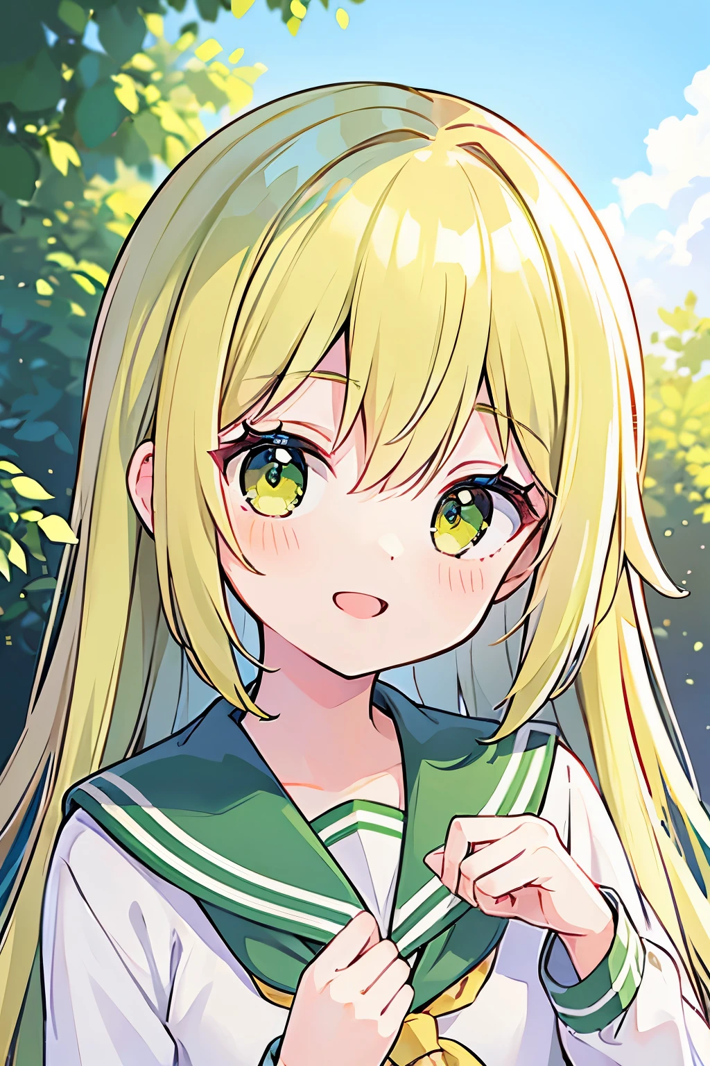 (high quality), (masterpiece), 1 girl, young girl, neat bangs, long hair, ((yellow color hair)), ((green color eyes)), cute face, happy, smiling, wearing a white school uniform, wearing a sailor suits