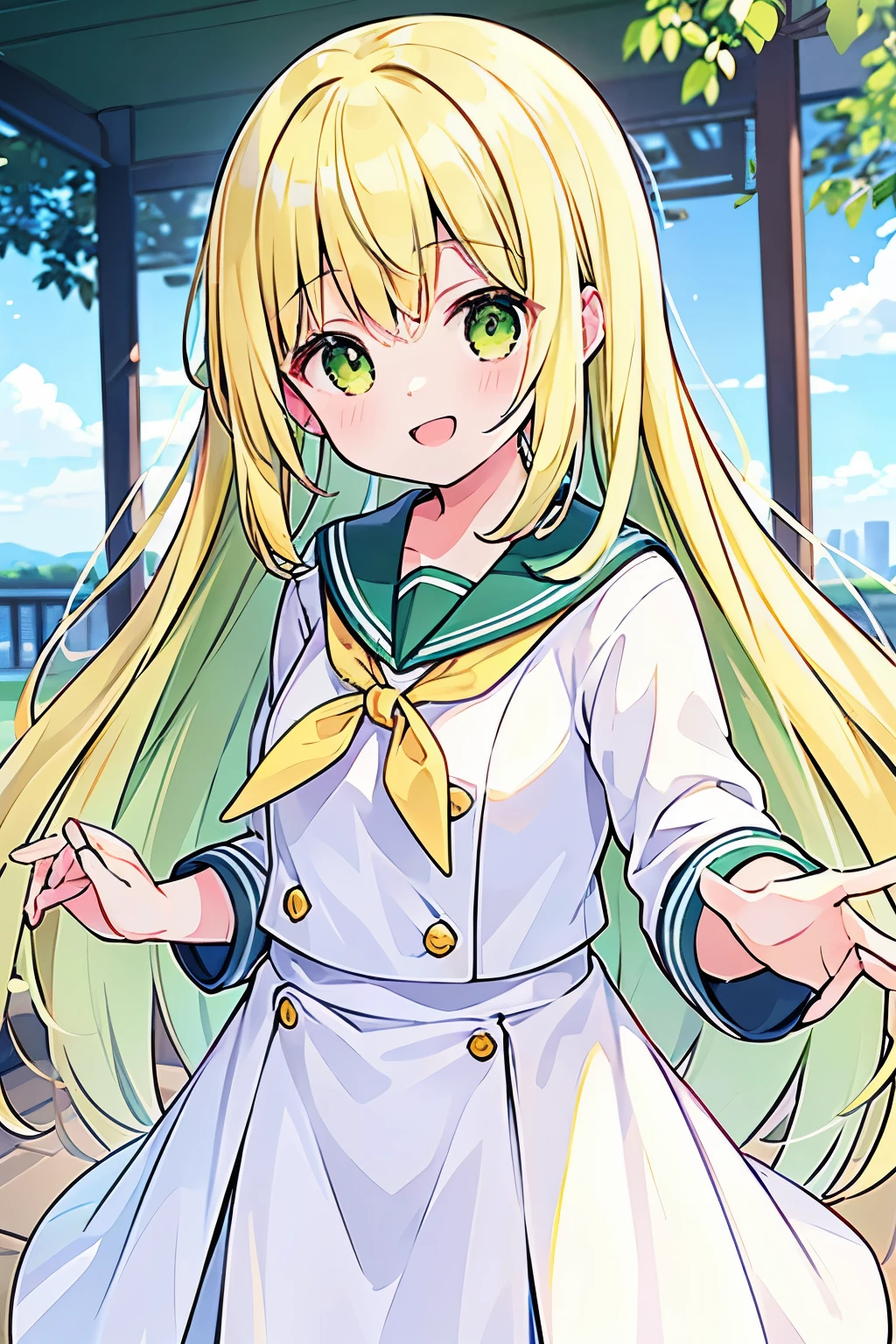 (high quality), (masterpiece), 1 girl, young girl, neat bangs, long hair, ((yellow color hair)), ((green color eyes)), cute face, happy, smiling, wearing a white school uniform, wearing a sailor suits
