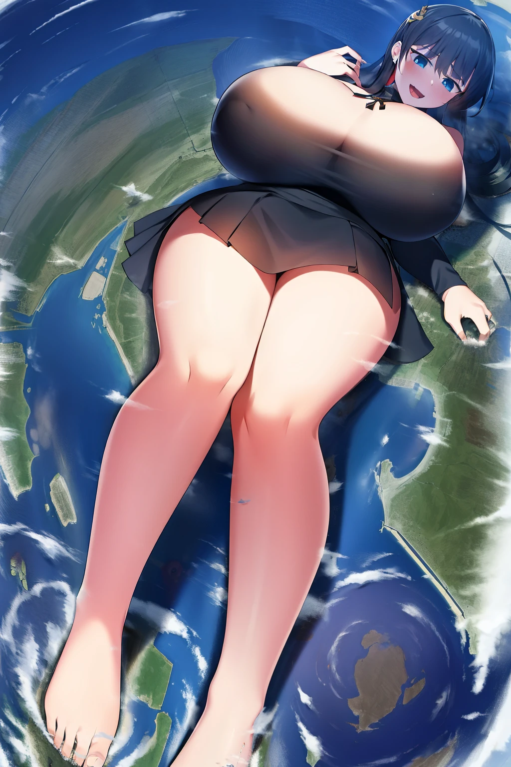 a lewd cartoon with huge breasts floating over the planet, 1girl, breasts, nipples, solo, giantess, giant, 1girl, solo, skirt, blue eyes, long hair, black hair, giantess, black skirt, open mouth, giant, long sleeves, pleated skirt, full body, breasts, blue eyes, red turtleneck