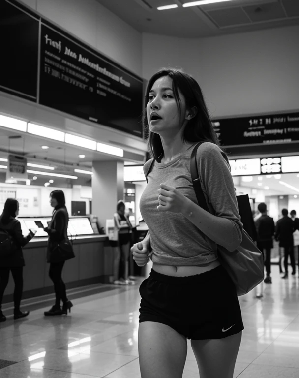 an old portrait photograph of person reading the flight schedule in the airport lobby, in the style of Daidō Moriyama, people running in a shopping mall in the background, running in panic in the background, with normal nonsense behaviour, smart expression, photo deformation black and white photography, professional lighting, smooth distant background --style 2dCgftCxuuC7ar --16:9 .0 --v 6