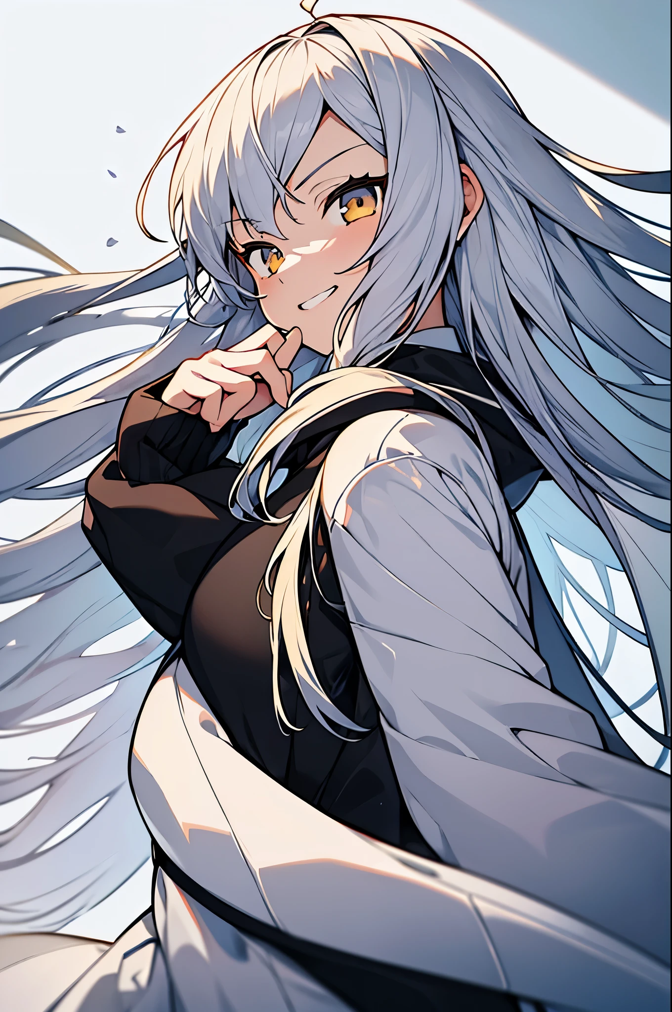 1girl, {solo}, upper body ,{{ {looking at viewer}}}, arm at side, concept art, white background, simple background, white hair, silver gradiient hair , complex cloth, asymmetrical clothes, virtual youtuber, best quality, masterpiece, dynamic angle, type moon style, type moon style, type moon style, cowboy_shot, looking_back, grabbing, girl,woman,female, young,20 years old, very long hair, flipped hair, silver hair, flowing hair, ahoge, smirk, beautiful and delicate golden eyes, teeth, medium_breasts, blonde eyes, white skin, coat, hoodie, black_shorts, grey Clothes, transparent_background, backlighting, absurdres, highres, ultra detailed,