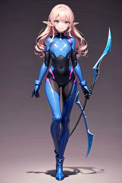 highres, delicate, beautiful detailed, perfect anatomy, full body, realistic body, single slender girl, cool face, pink curly hair, chest-long hair, curly bangs, bright blue eyes, vertical iris, small smiling mouth, short elf ears, {metal bow}, {{blue mechanical suit}}, black pantyhose, blue boots