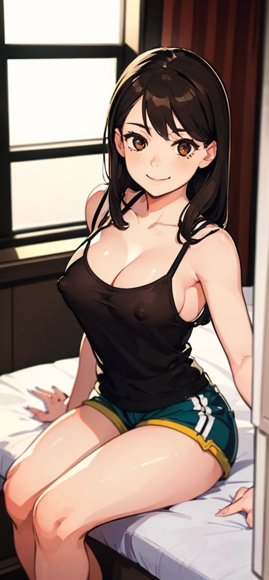 realistic, 1girl, selfie, body close together, looking up, cleavage emphasis, smiling, face extra large zoom, sitting on bed, sexy, (brown eyes), (bare shoulders), (covered nipples), (camisole), (dolphin shorts)