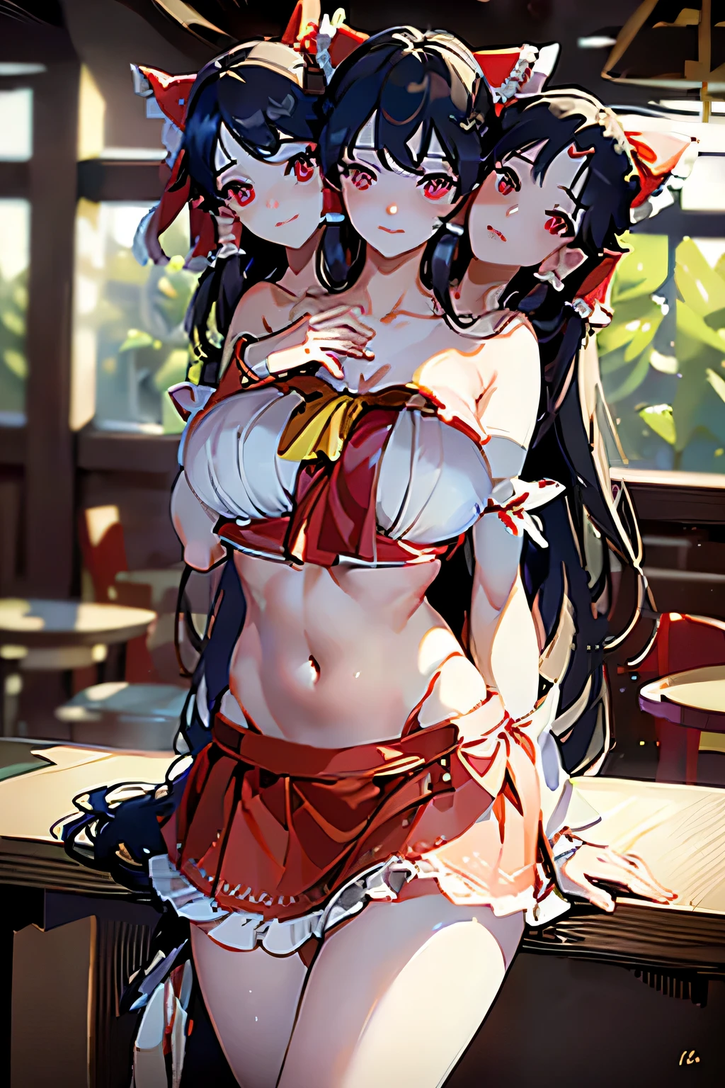 (masterpiece, best quality), best quality, (ultra-detailed), (3heads:1.5), 1girl, (nagae iku:1.3), masterpiece, best quality, ultra quality, ultra resolution, white and red top, crop top, ((stomach)), midriff, ((groin)), black skirt, normal ears, shackles, light indigo hair, very long hair, wavy hair, sidelocks, red eyes, parted lips, midriff, sweat, cute, toned belly, hand on own chest, eyelashes, (24 year old woman:1.3), (masterpiece:1.5), (best quality:1.5), (beautiful detailed), extremely detailed CG, extremely delicate and beautiful, depth of field, (finely detailed face), (perfect details:1.2), (mature female:1.3), wide pelvis, slender, large veiny breast, 16k resolution, highres, very high quality, very high definition, extremely detailed, masterpiece, light indigo hair, long hair, alluring presence, braid, short skirt, close up, big tits, young, hairband, black hat, red bow, midriff, nsfw,