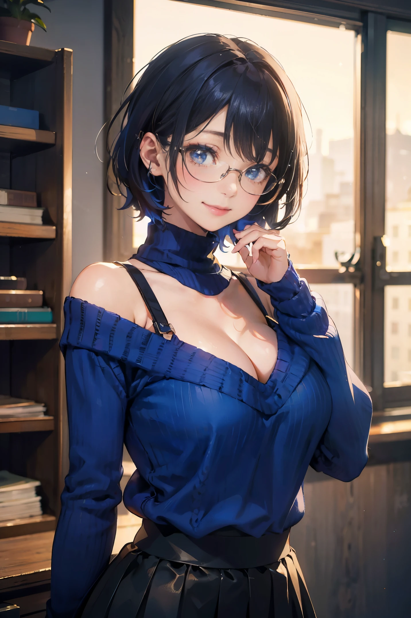 a 20 yo woman、Black-haired head hair、Bery short hair、Big smile、cleavage of the breast、Clothes with open chest、(hi-top fade:1.3)、dark themed、Muted Tones、Subdued Color、highly contrast、(natural skin textures、Hyper-Realism、Soft light、sharp) Black skirt, (Blue sweater:1.5), Long sleeves, off shoulders, off shouldersセーター, Puffy sleeves, Skirt, Sweaters, White ribbon,Wearing glasses,