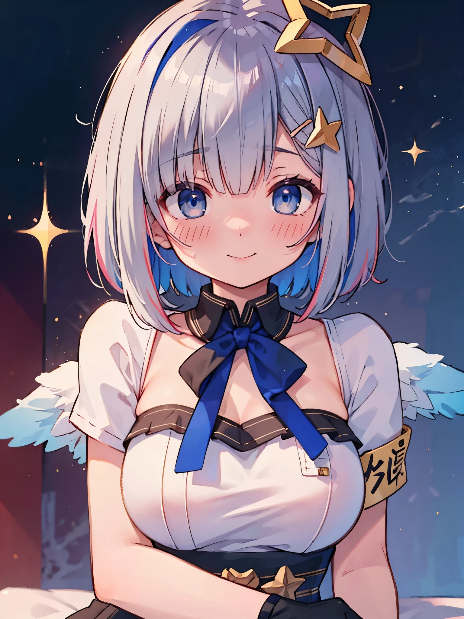 Silver short hair, star on head, blue eyes, beautiful,  upper body, ((sadistic face)), blush, detailed eyes, sparkle eyes, smile, big breasts,