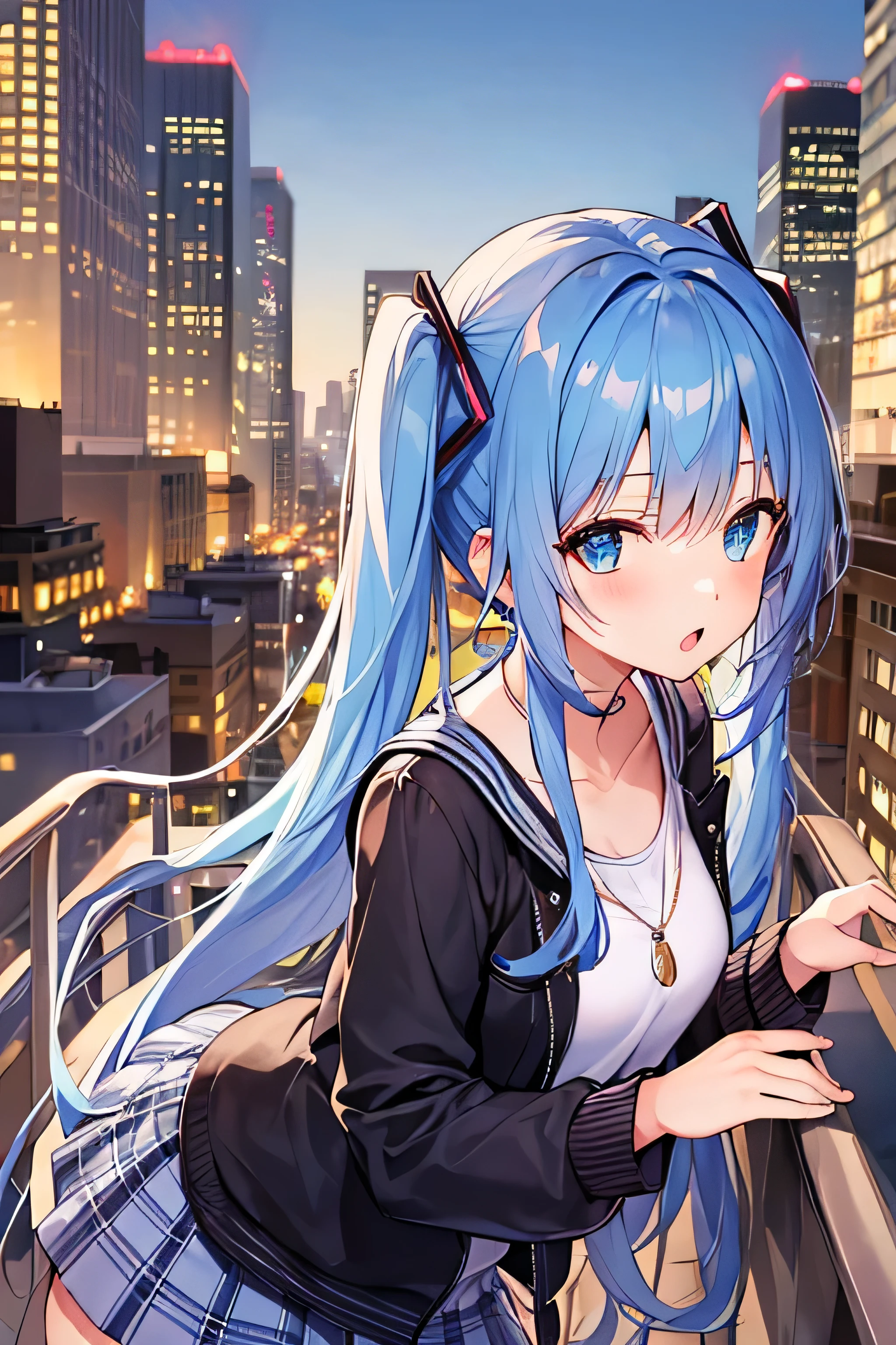 ​masterpiece、Top image quality、超A high resolution、miku hatsune、blue hairs、Twin-tailed、Blushing、mock、Open your mouth just a little、dressed casually、casual miniskirt、Skyscraper、Japan、Outdoors、Night time