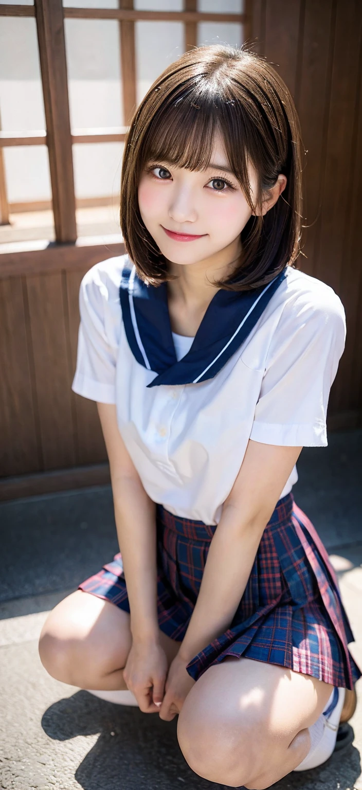 Spread legs, Shoot from below, Looking at the camera, Plaid pleated skirt, Squatting, Japanese student uniform, A slender, Kissing face, idolface, Neat face, Blur the background, bob cuts, Colossal tits, 14years,  Lori, A smile, ​masterpiece, top-quality, Raw photo, Photorealsitic, beautiful a girl, cute little, shorth hair, depth of fields, hight resolution, ultra-detailliert, finely detail, ighly detailed, ighly detailedな目と顔, Sharp pupils, Cinematic lighting