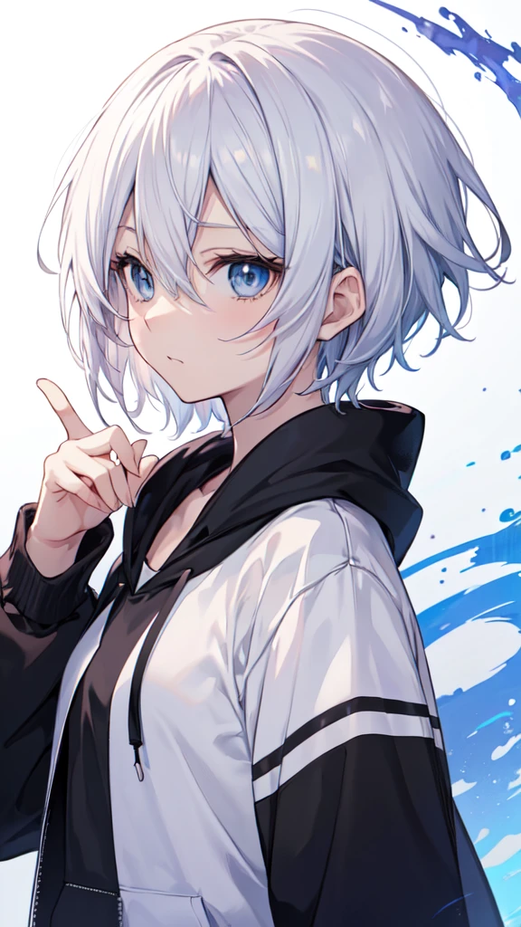 ((masutepiece)), ((Best Quality)), ((anime profile style)), ((HD 4K)), ((Anime Character)), Very short hair, long bangs between eyes, blue eyess,Black eyes, Hoodie,White hair, Silver hair,, Hoodie, White hoodie,
