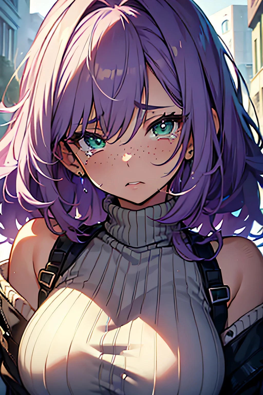 (masterpiece, highres, high resolution:1.2), anime 20 yo sad girl, portrait, shoulders up, illustration. drawn, violet hair woman, green eyes in tears, solo, crying, sad, sad face, freckles, big lips, huge breasts, perfect body, wearing a turtleneck sweater, anime girl, no hands.