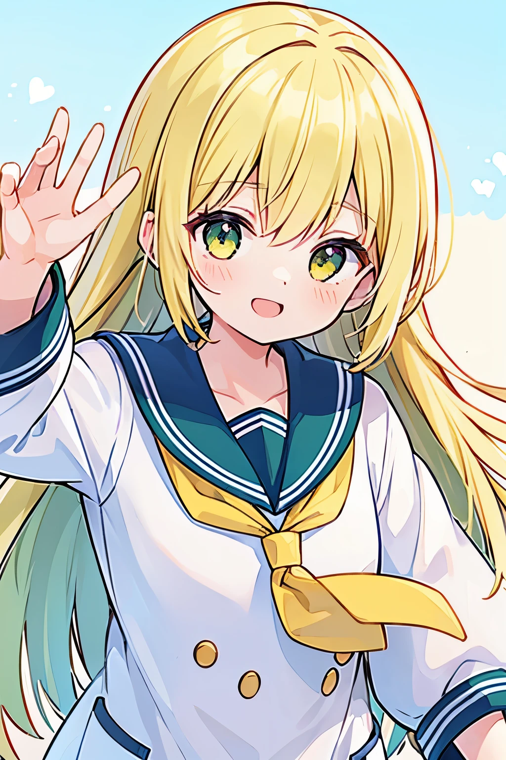 (high quality), (masterpiece), 1 girl, young girl, neat bangs, long hair, ((yellow color hair)), (green color eyes), cute face, happy, smiling, wearing a white school uniform, wearing a sailor suits
