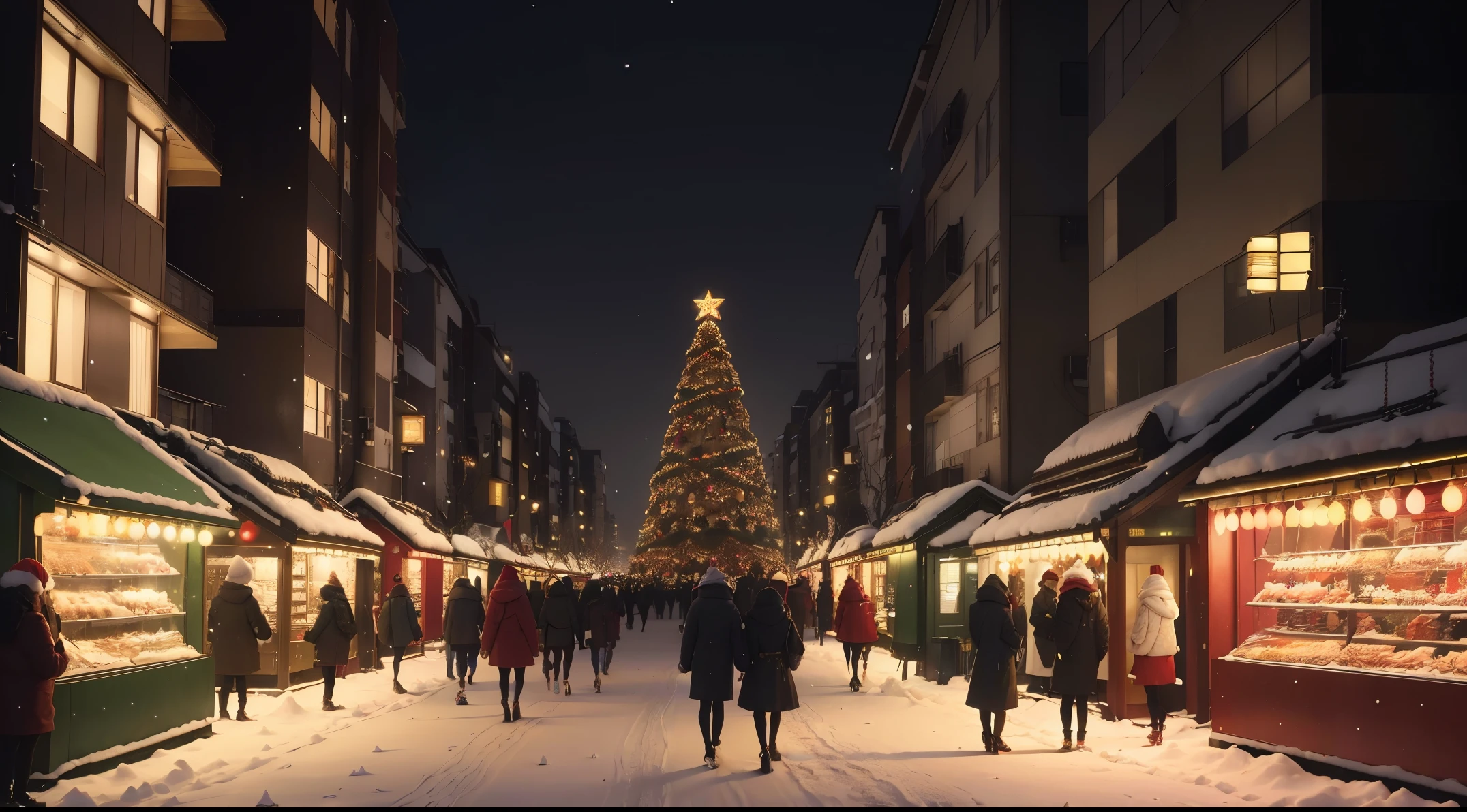 A festive scene of Christmas in Tokyo. Vibrant and colorful lights illuminate the cityscape, creating a cheerful atmosphere. (best quality,4k,8k,highres,masterpiece:1.2),ultra-detailed,(realistic,photorealistic,photo-realistic:1.37) streets filled with people bustling around, carrying shopping bags filled with beautiful gifts. The view is mesmerizing, with tall skyscrapers adorned with dazzling lights and Christmas decorations. The streets are lined with (exquisite,ornate,golden) Christmas trees, adorned with (sparkling,twinkling,glowing) ornaments and shiny baubles of all colors. Snowflakes gently fall from the sky, adding a touch of magic to the scene.
The city is alive with the sound of laughter and joyous chatter. People are dressed in (stylish,fashionable,elegant) winter outfits, with warm coats, scarves, and hats. The air is filled with the delicious aroma of (freshly baked,delightful,tempting) Christmas treats such as gingerbread cookies, candy canes, and hot chocolate. Street vendors sell (festive,traditional,delicious) street food, offering a wide variety of flavors and smells.
As you walk through the streets, you can spot (adorable,cute,tiny) Santas waving at children, spreading happiness and cheer. Carolers sing beautiful Christmas carols, their voices resonating through the city. The sound of Christmas music playing in the background adds to the festive ambiance.
The (traditional,ornate,elegant) Japanese buildings are decorated with delicate paper lanterns and traditional ornaments, blending the festive atmosphere with the rich cultural heritage of Tokyo. The city skyline is a mix of modern and traditional architecture, with skyscrapers standing tall alongside ancient temples and shrines.
The scene is bathed in a warm, (golden,soft,dreamy) glow, thanks to the beautifully lit Christmas decorations and the soft, gentle lighting. The colors are vibrant and vivid, creating a magical atmosphere that fills your heart with joy and wonder.
Overall, this Christmas scene in Tokyo is a perfect blend of tradition and modernity, where the festive spirit is palpable. It is a visual feast for the eyes, capturing the essence of Christmas in the lively city of Tokyo.
