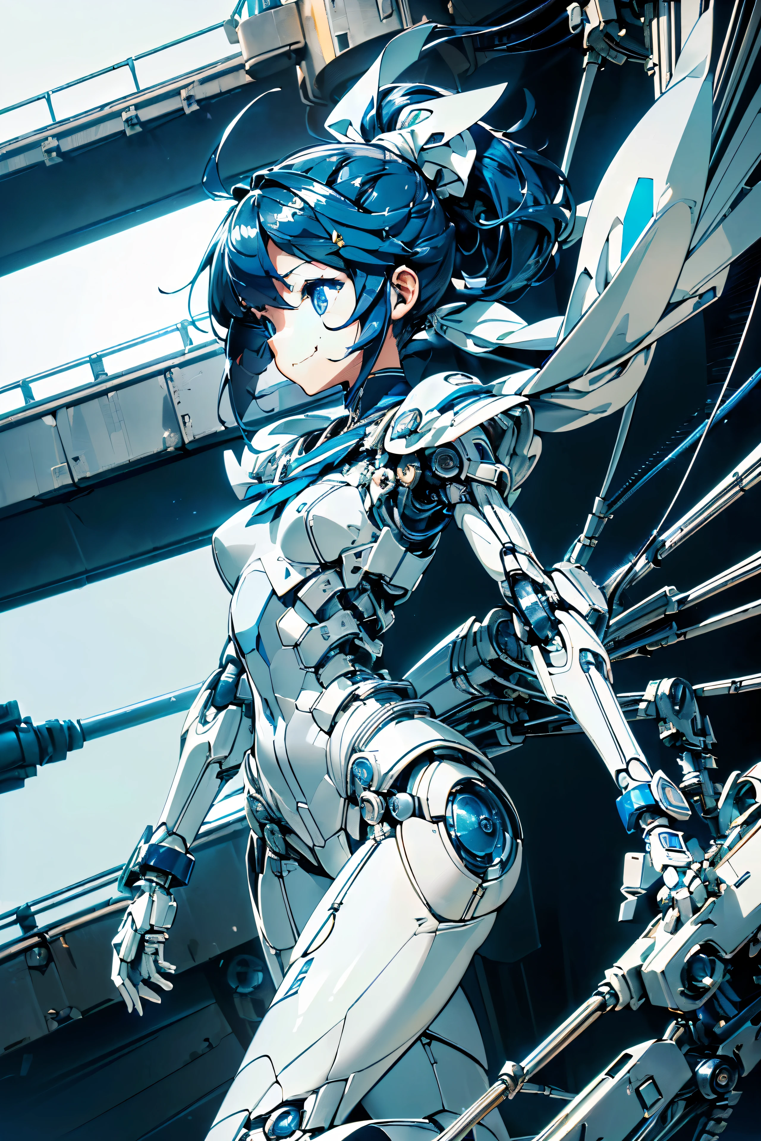 (((masutepiece))), (((Best Quality))), (((High quality))), (((Beautiful))), (((8K))), (((hight resolution))), (((absurderes))), (((Exquisite))), (((Ultra high definition))), (((hight resolutionであり))), Girl Robot, (Lori:1.4), (Gamine:1.5), (Highly detailed mechanism:1.4), Highly detailed eye depiction, (Streamlined body based on pure white1.4), White and navy blue pilot suit, White and navy blue tight-fitting clothing, White and navy blue shoulder cover clothes, White and navy blue shiny clothes, navy blue tight fit pants, White and navy blue thigh cover pants, (Super drooping eyes:1.4), (Machine body:1.4), (Mechanical joints:1.4), (Complex machinery visible through joints:1.4), (Cables and pipes visible from connections:1.4), (Dark blue hair ponytail:1.4), (I tied a long, pure white cloth ribbon in my hair that was waving in the wind..:1.4), mecha musume, Mechanical parts, Robot joints, Headgear,
(Mouth open:1.4), (I have my mouth wide open:1.4), (Laughing:1.4), (Laughing:1.3), (From Side:1.3), (Looking away:1.3), (walk with one arm raised high:1.4), (walk along the ship'passage of:1.4), (A few passers-by:1.4), (Raise one arm to greet passersby:1.4), (raise one arm high in greeting:1.310)
