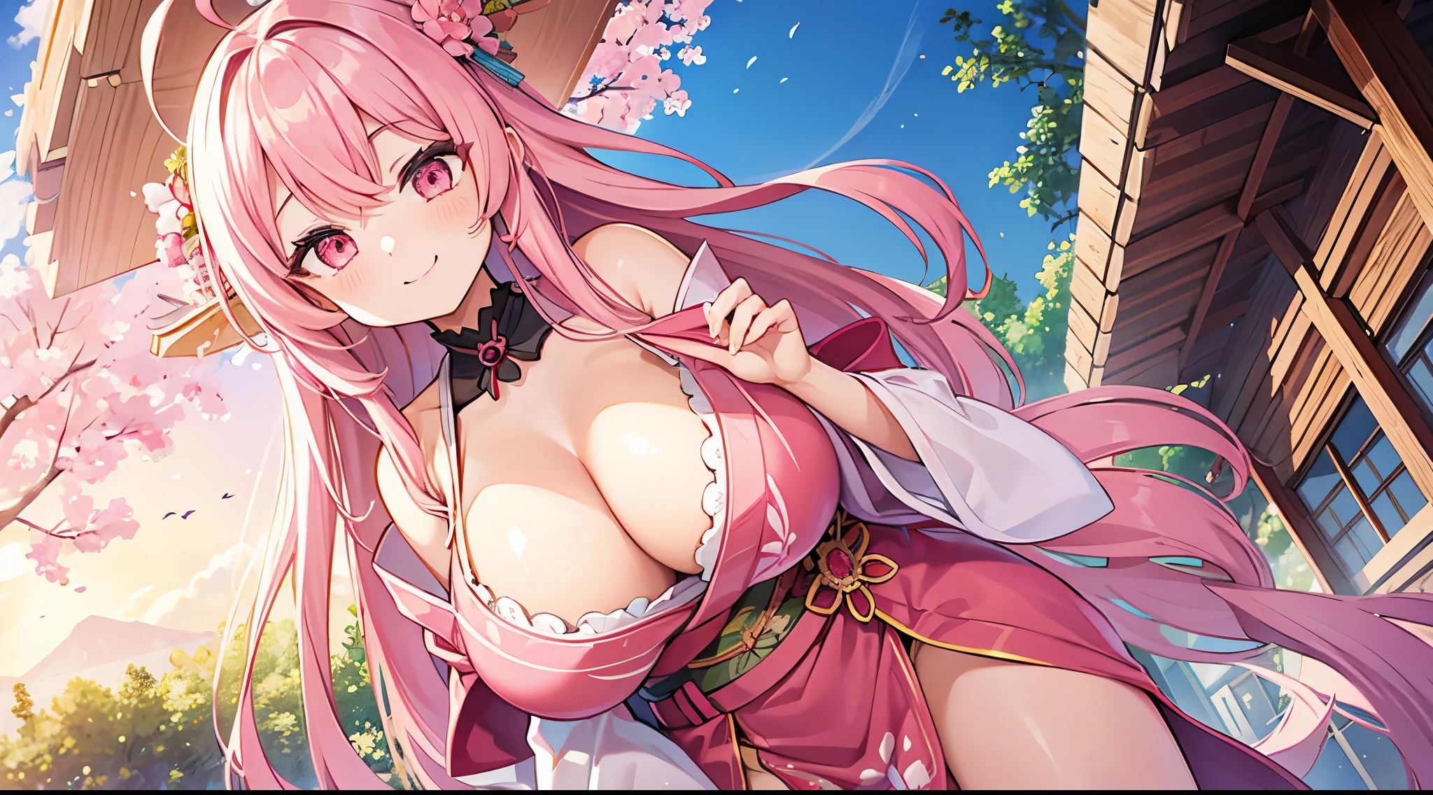 1 girl, game cg, pink kimono, kanzasi, gigantic breasts, pink hair, long hair, straight hair, ahoge, pink eyes, dynamic, shrine, smile,