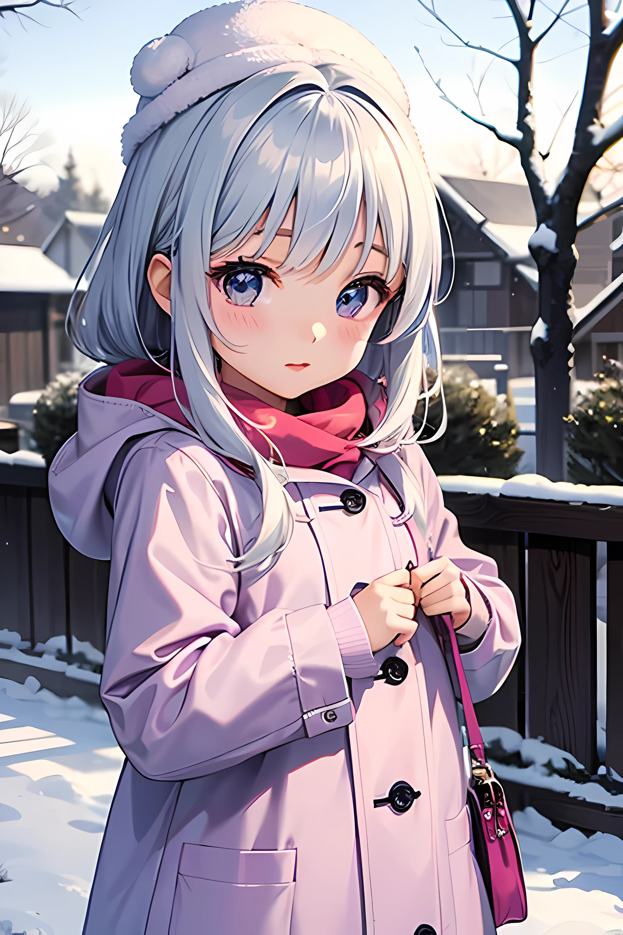 Glossy、a beauty girl、kawaii、Gentle、Charming、Winters、Wearing a coat