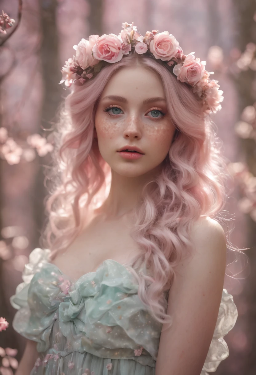 shabby chic dreamy glowums pastel woodland freckled fairygirl swirling magical fairytale abstract artstation (in the style of Jessica Drossin), realistic, subsurface scattering, ultra hd, 4k, high def, Photorealistic, Hyperrealistic, Hyper detailed, analog style, realistic, masterpiece, best quality, ultra realistic, 8k, Intricate, High Detail, film photography, soft lighting, heavy shadow