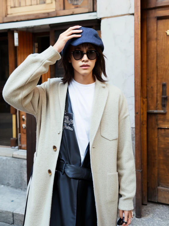 parka、Holding sunglasses in hand、taking off sunglasses、1 male