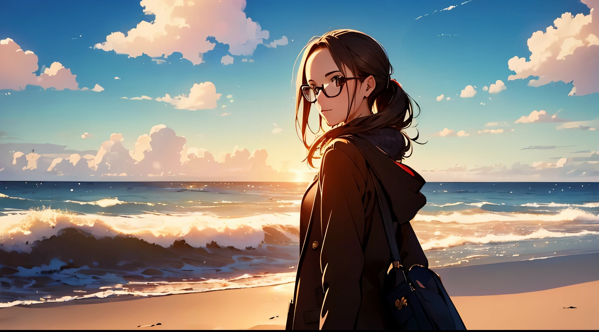 (masterpiece, top quality, best quality, official art, beautiful and aesthetic:1.2), 1 Girl, autumn, glasses, happy, autumn fashion, sweater, warm colors, soft sunlight, walking on the beach, horizon, from behind, from the side, detailed background,