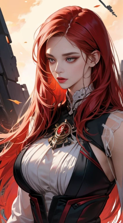 (Best Quality,4K,High resolution), Woman with straight long hair and red lipstick, ekaterina, 16 year woman,bright red hair cold eyes ,sharp eye，distressed look，Enhanced red glowing eye expression，，Changing the Appearance of a Transform，beast，beast化，Evil Fight，buttle，Delicate illustrations drawn in detail，Torn clothes with decoration，Disheveled clothes，Realistic portrayal，Vibrant color reproduction，Classic background