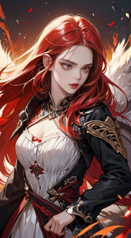 (Best Quality,4K,High resolution), Woman with straight long hair and red lipstick, ekaterina, 16 year woman,bright red hair, cold eyes ,sharp eye，distressed look，Enhanced the expression of glowing red eyes，，Changing the Appearance of a Transform，beast，beast化，Evil Fight，buttle，Delicate illustrations drawn in detail，Torn clothes with decoration，Disheveled clothes，Realistic portrayal，Vivid color reproduction，Classic background