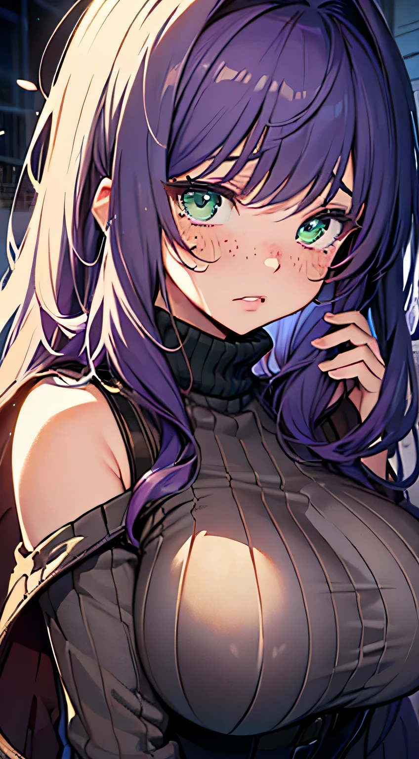 (masterpiece, highres, high resolution:1.2), anime 20 yo sad girl, portrait, shoulders up, illustration. drawn, violet hair woman, green eyes in tears, solo, crying, sad, sad face, freckles, big lips, huge breasts, perfect body, wearing a turtleneck sweater, anime girl, no hands.