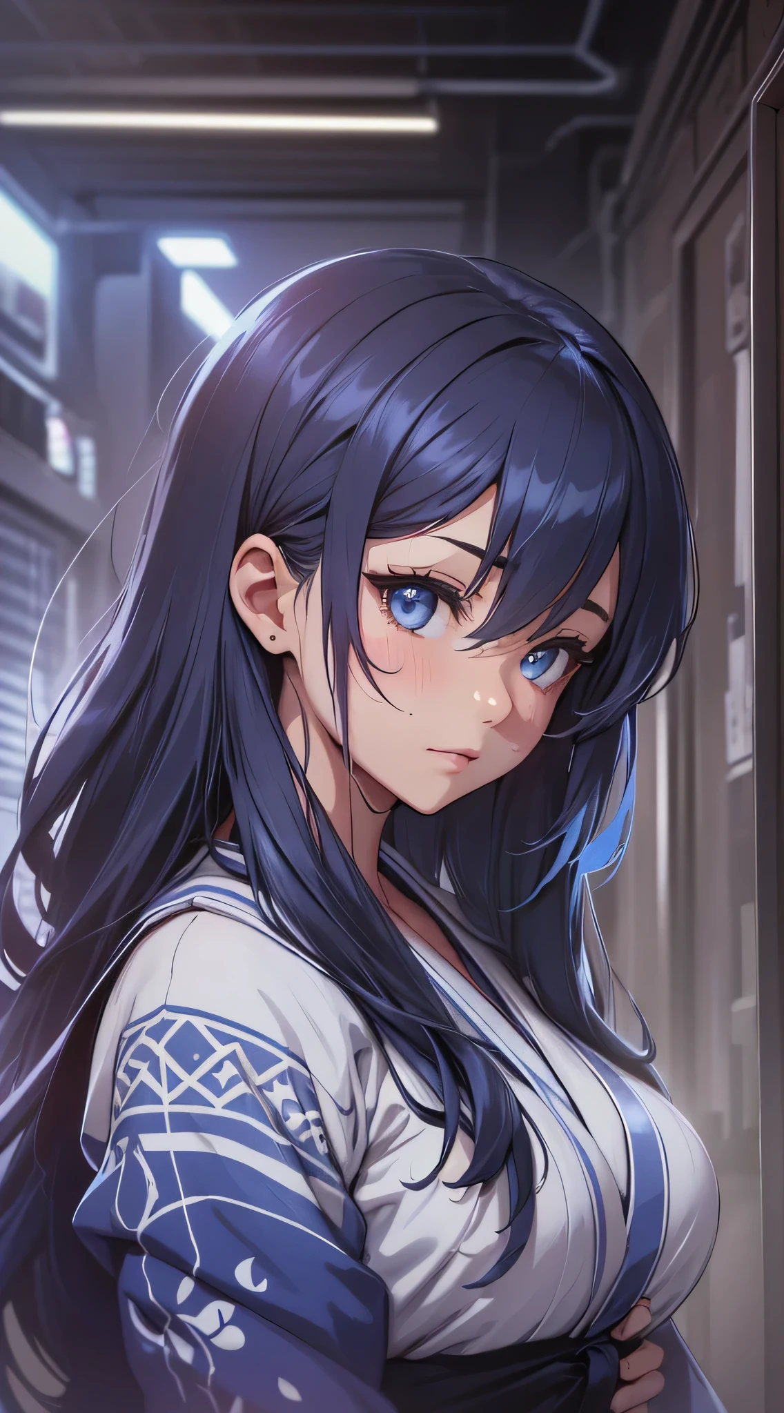 top-quality、Top image quality、masterpiece、teens girl((18year old、 Ager、Best Bust、Medium bust,wide open breast tea、light blue eyerest, Black and light blue hair、A slender,Large valleys、dye one's cheeks red、Black yukata、pretty pose、run、dash、Sweating、Splattering sweat)),hiquality、Beautiful Art、Background with((Inside the inn、Night Hostel、jpn、skyrocket))、masutepiece、depth of fields,a picture