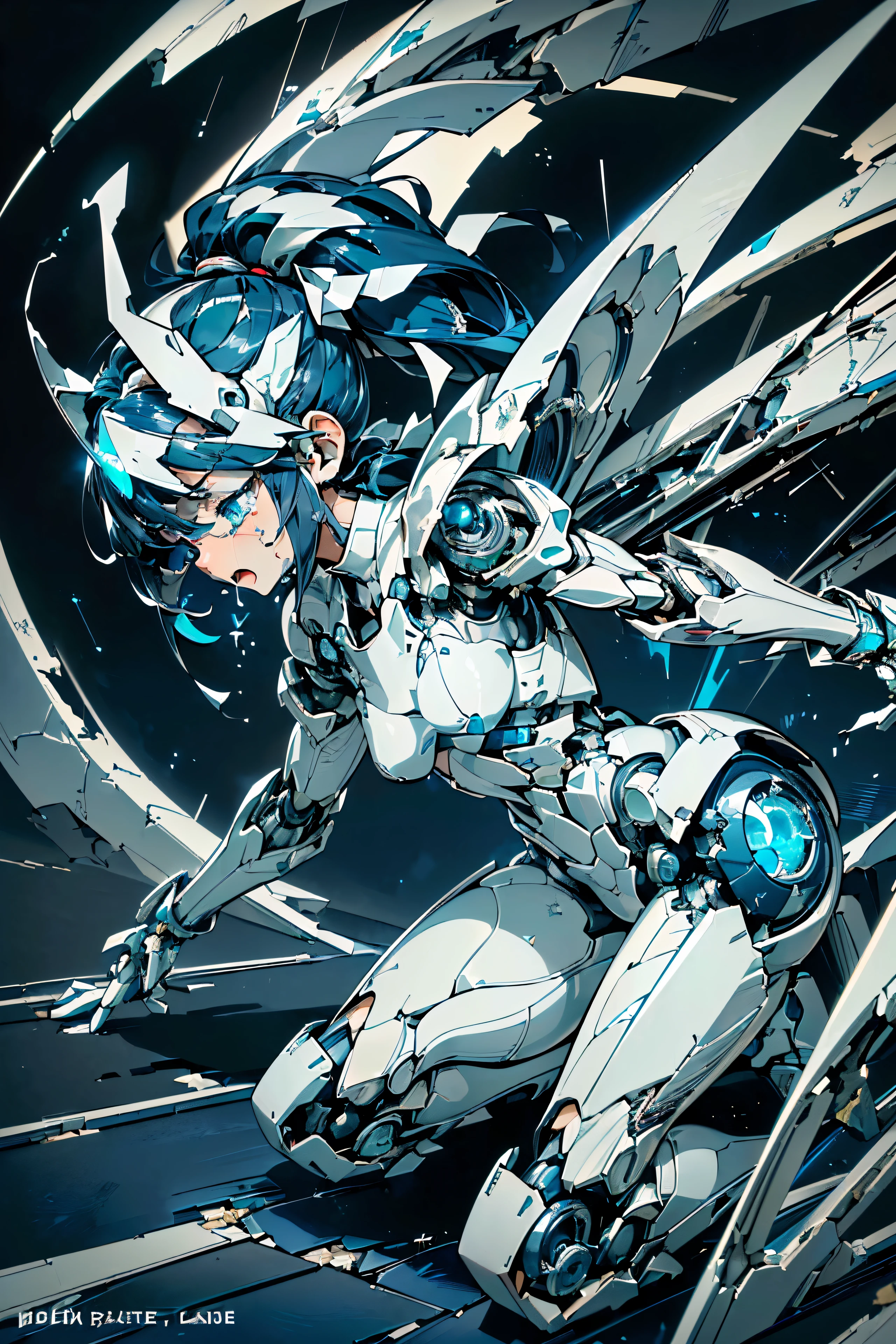 (((masutepiece))), (((Best Quality))), (((High quality))), (((Beautiful))), (((8K))), (((hight resolution))), (((absurderes))), (((Exquisite))), (((Ultra high definition))), (((hight resolutionであり))), Girl Robot, (Lori:1.4), (Gamine:1.5), (Small breasts:1.4), (Very detailed and very complex mechanism:1.4), (Highly detailed eye depiction:1.4), (Streamlined body based on pure white1.4), White and navy blue pilot suit, White and navy blue tight-fitting clothing, White and navy blue shoulder cover clothes, White and navy blue shiny clothes, navy blue tight fit pants, White and navy blue thigh cover pants, (Super drooping eyes:1.4), (Machine body:1.4), (Mechanical joints:1.4), (A super complex machine visible from the joints:1.4), (Dark blue hair ponytail:1.4), (I tied a long, pure white cloth ribbon in my hair that was waving in the wind..:1.4), mecha musume, Mechanical parts, Robot joints, Headgear, (There are many cracks and scratches on the body and thighs..:1.5), (There are many cracks and scratches on the body and thighs..:1.4), (Tattered body with many scratches and cracks:1.4), (Tattered body with many scratches and cracks:1.5), (I was hit in the side with a club.:1.5), (熱くなりすぎた体がexploded:1.4), (exploded, Breathes out a large amount of flame from its overheated body..:1.5), (本体が過熱してexploded.:1.4), (the body was divided into pieces:1.5), (A large amount of flame erupts from the cracks in the body and from the mouth..:1.5), (Mouth open:1.4), (Both eyes are closed:1.4), (Close both eyes:1.4), (Crying hard:1.4), (Get down on both knees:1.4), (From Side:1.3), (Looking away:1.3)